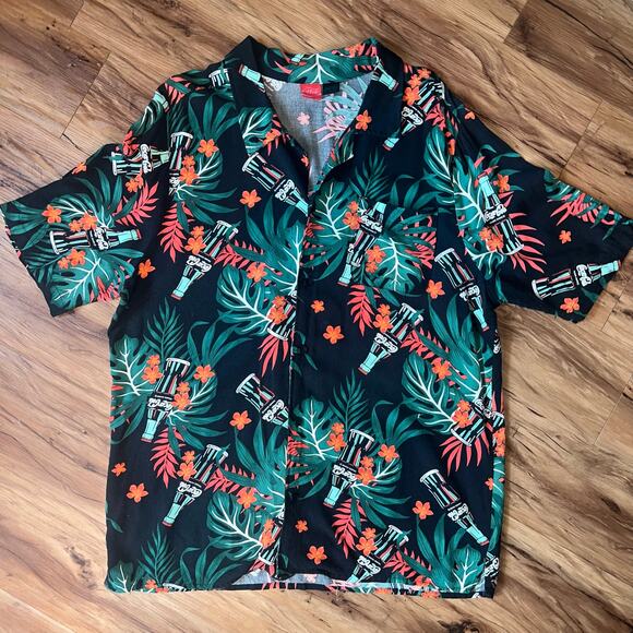 NWOT Coca-Cola Tropical Hawaiian Button Up Shirt XL Short Sleeve Black Green - Picture 1 of 6
